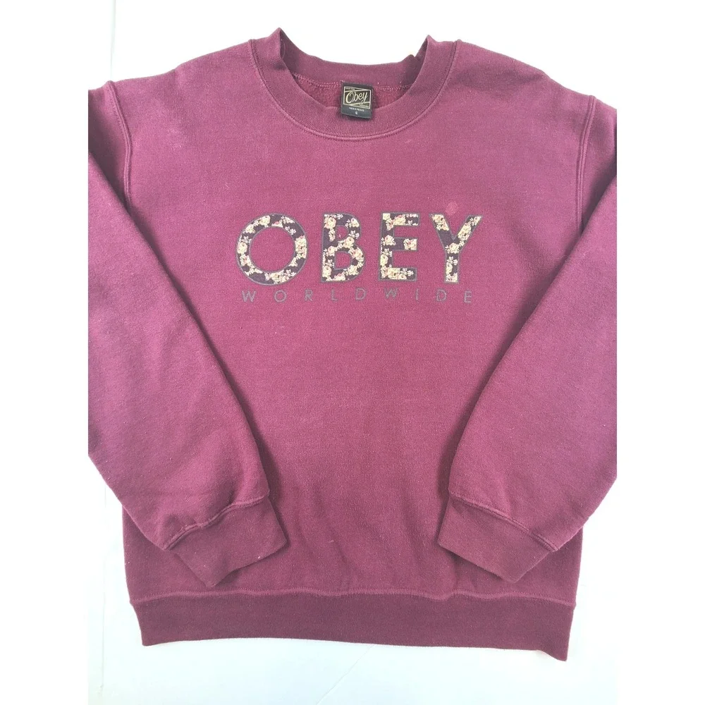 Obey Worldwide Sweatshirt Womens Small Maroon Floral Logo Streetwear Crew Neck - Picture 2 of 5